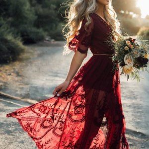 Red Wine Lace Embroidered Boho Maxi Romper Dress S